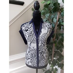 Express Botton Down Shirt Women's Size Small Blue Beige Leopard Chiffon Collared